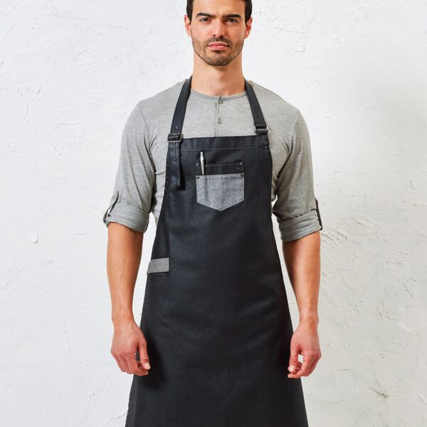 Division waxed-look denim bib apron with faux leather Miniaturansicht