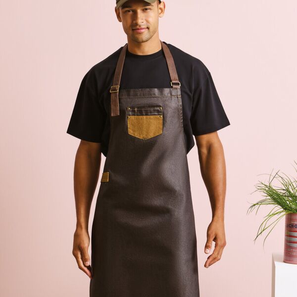 Division waxed-look denim bib apron with faux leather Miniaturansicht
